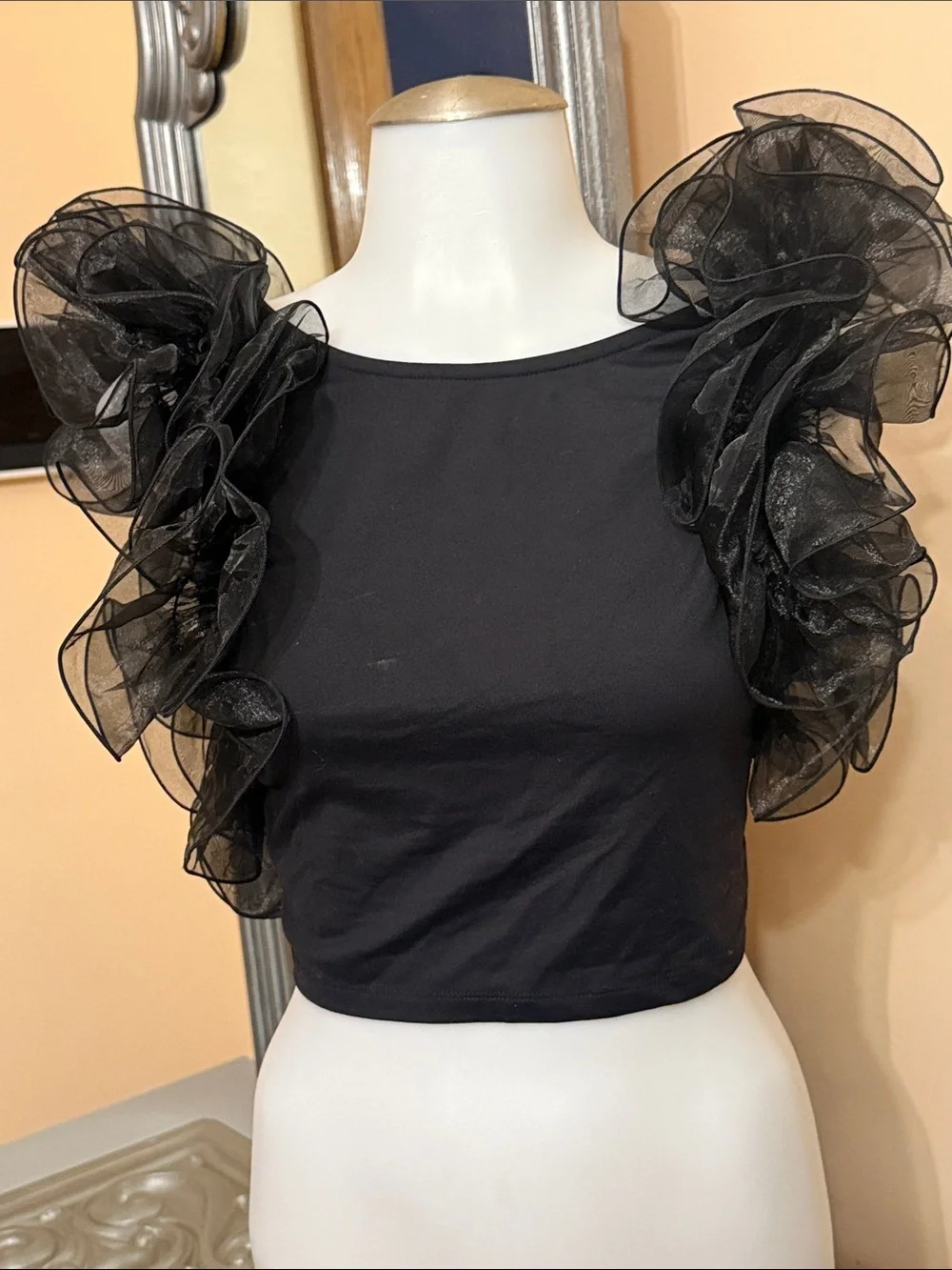 Intimately by Free People Small Black Ruffle Sleeve Crop Top Sheer Organza - Picture 6 of 9